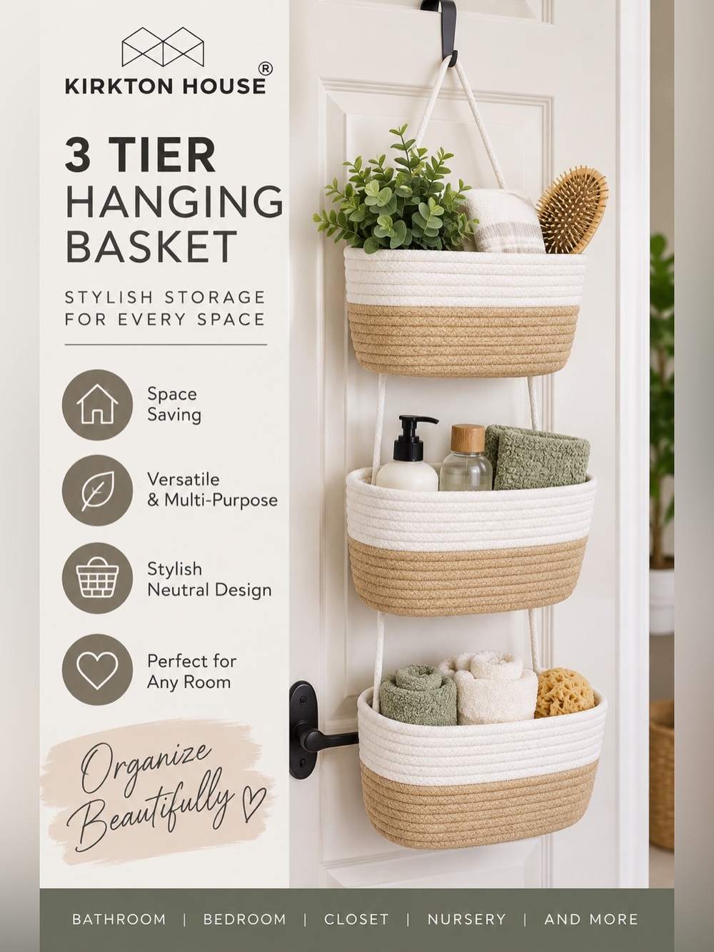Kirkton House 3 Tier Hanging Basket Organizer White Natural Woven Boho Storage
